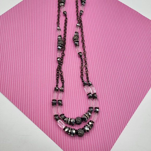 INC Intl Concepts Metal Necklace Gunmetal Silver Clear Rhinestone Faceted Beads - Picture 3 of 9